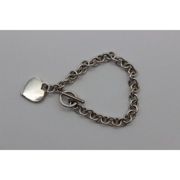 Sterling silver thick chain heart charm toggle‎ bracelet - Picture 1 of 15
